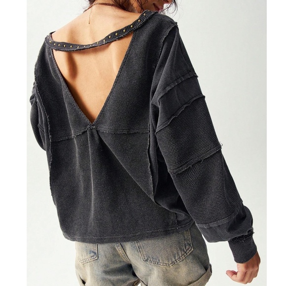 Solid V neck Studded Reverse Stitch Oversized Sweatshirt Top - Picture 1 of 5